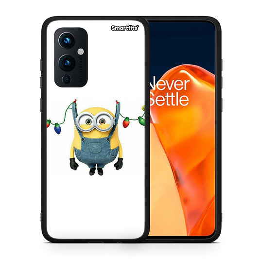 Θήκη OnePlus 9 Xmas Minion Lights από τη Smartfits με σχέδιο στο πίσω μέρος και μαύρο περίβλημα | OnePlus 9 Xmas Minion Lights case with colorful back and black bezels