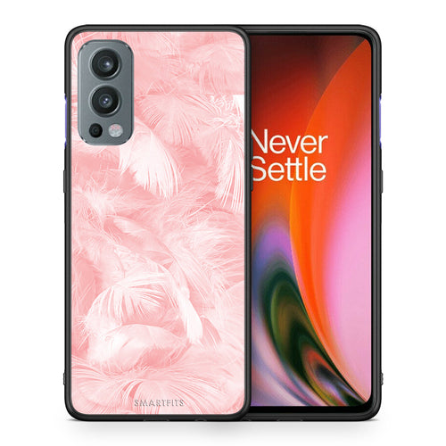 Θήκη OnePlus Nord 2 5G Pink Feather Boho από τη Smartfits με σχέδιο στο πίσω μέρος και μαύρο περίβλημα | OnePlus Nord 2 5G Pink Feather Boho case with colorful back and black bezels