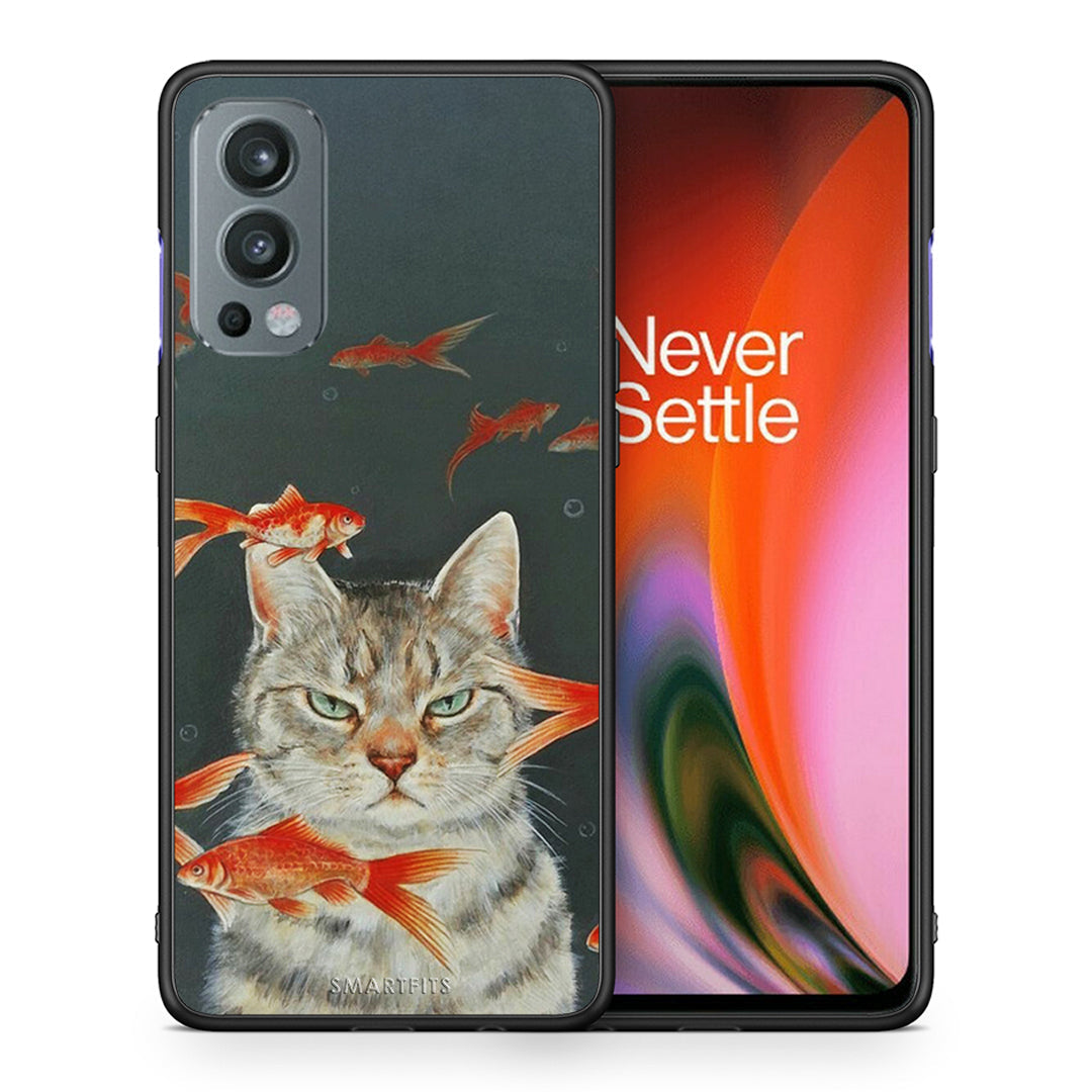 Θήκη OnePlus Nord 2 5G Cat Goldfish από τη Smartfits με σχέδιο στο πίσω μέρος και μαύρο περίβλημα | OnePlus Nord 2 5G Cat Goldfish case with colorful back and black bezels
