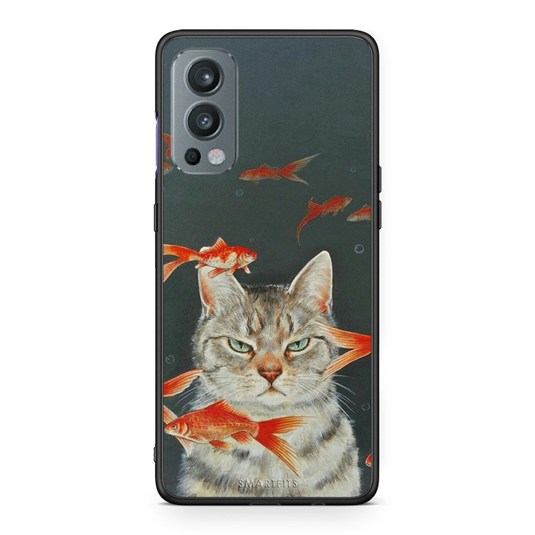 OnePlus Nord 2 5G Cat Goldfish θήκη από τη Smartfits με σχέδιο στο πίσω μέρος και μαύρο περίβλημα | Smartphone case with colorful back and black bezels by Smartfits