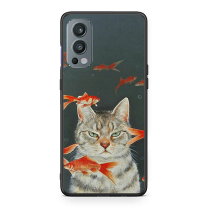 OnePlus Nord 2 5G Cat Goldfish θήκη από τη Smartfits με σχέδιο στο πίσω μέρος και μαύρο περίβλημα | Smartphone case with colorful back and black bezels by Smartfits