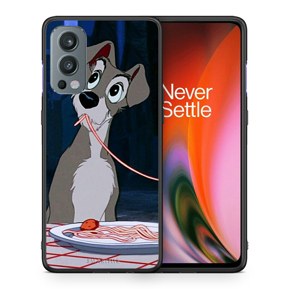 Θήκη Αγίου Βαλεντίνου OnePlus Nord 2 5G Lady And Tramp 1 από τη Smartfits με σχέδιο στο πίσω μέρος και μαύρο περίβλημα | OnePlus Nord 2 5G Lady And Tramp 1 case with colorful back and black bezels