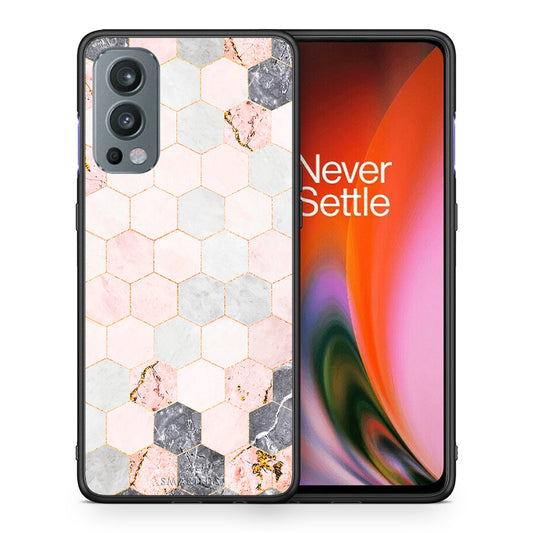 Θήκη OnePlus Nord 2 5G Hexagon Pink Marble από τη Smartfits με σχέδιο στο πίσω μέρος και μαύρο περίβλημα | OnePlus Nord 2 5G Hexagon Pink Marble case with colorful back and black bezels