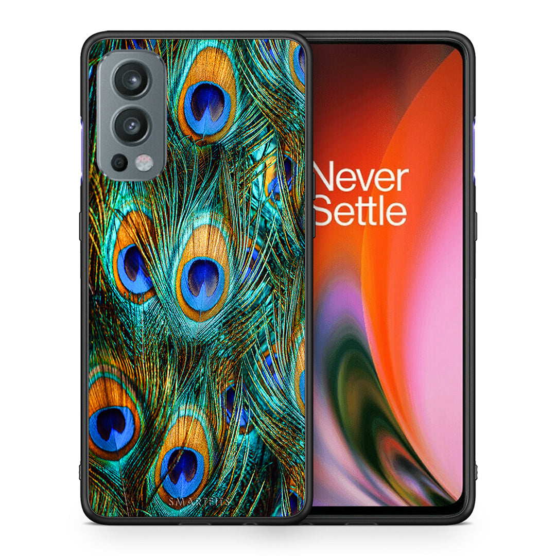 Θήκη OnePlus Nord 2 5G Real Peacock Feathers από τη Smartfits με σχέδιο στο πίσω μέρος και μαύρο περίβλημα | OnePlus Nord 2 5G Real Peacock Feathers case with colorful back and black bezels