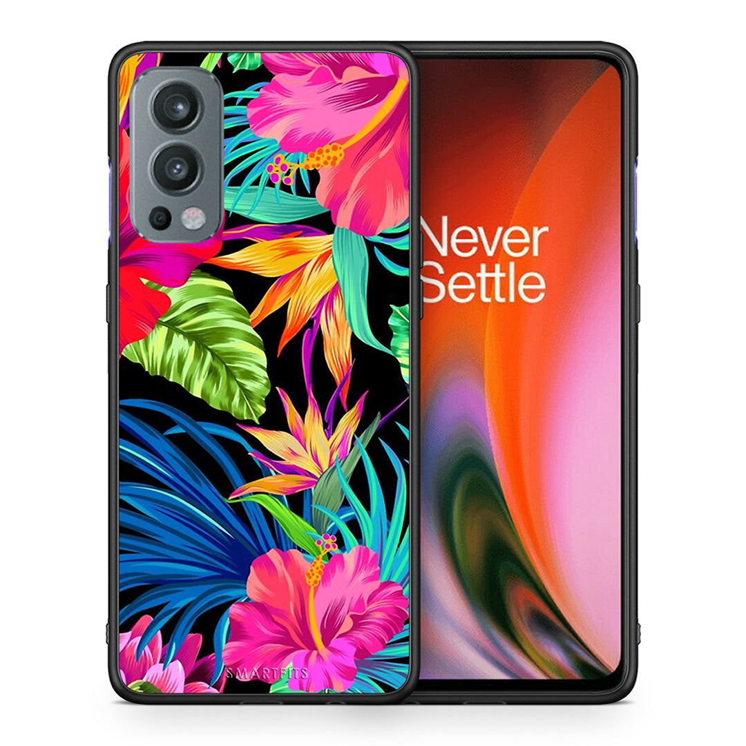 Θήκη OnePlus Nord 2 5G Tropical Flowers από τη Smartfits με σχέδιο στο πίσω μέρος και μαύρο περίβλημα | OnePlus Nord 2 5G Tropical Flowers case with colorful back and black bezels