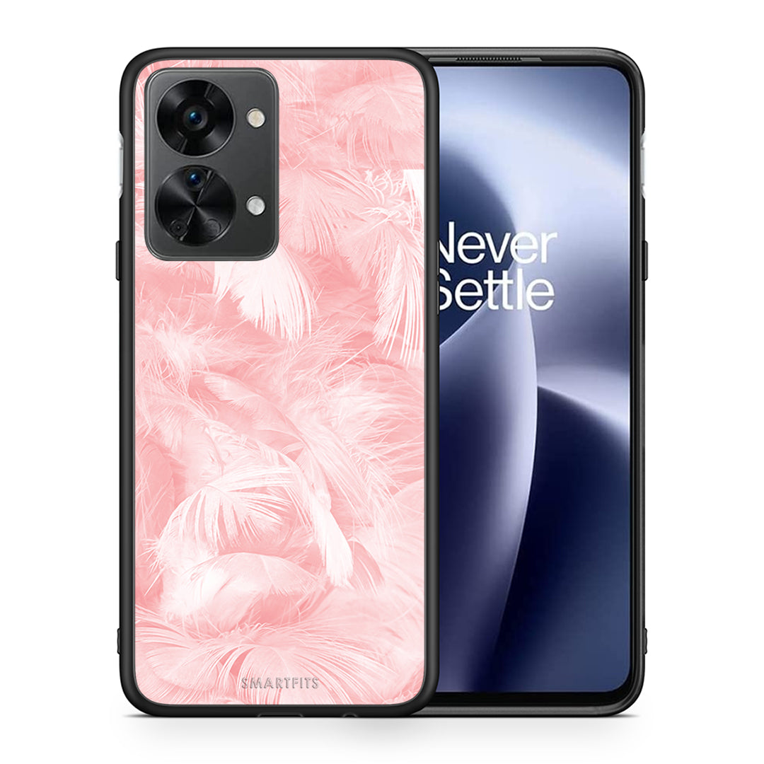 Θήκη OnePlus Nord 2T Pink Feather Boho από τη Smartfits με σχέδιο στο πίσω μέρος και μαύρο περίβλημα | OnePlus Nord 2T Pink Feather Boho case with colorful back and black bezels