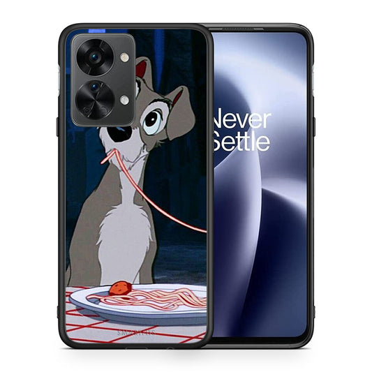 Θήκη Αγίου Βαλεντίνου OnePlus Nord 2T Lady And Tramp 1 από τη Smartfits με σχέδιο στο πίσω μέρος και μαύρο περίβλημα | OnePlus Nord 2T Lady And Tramp 1 case with colorful back and black bezels