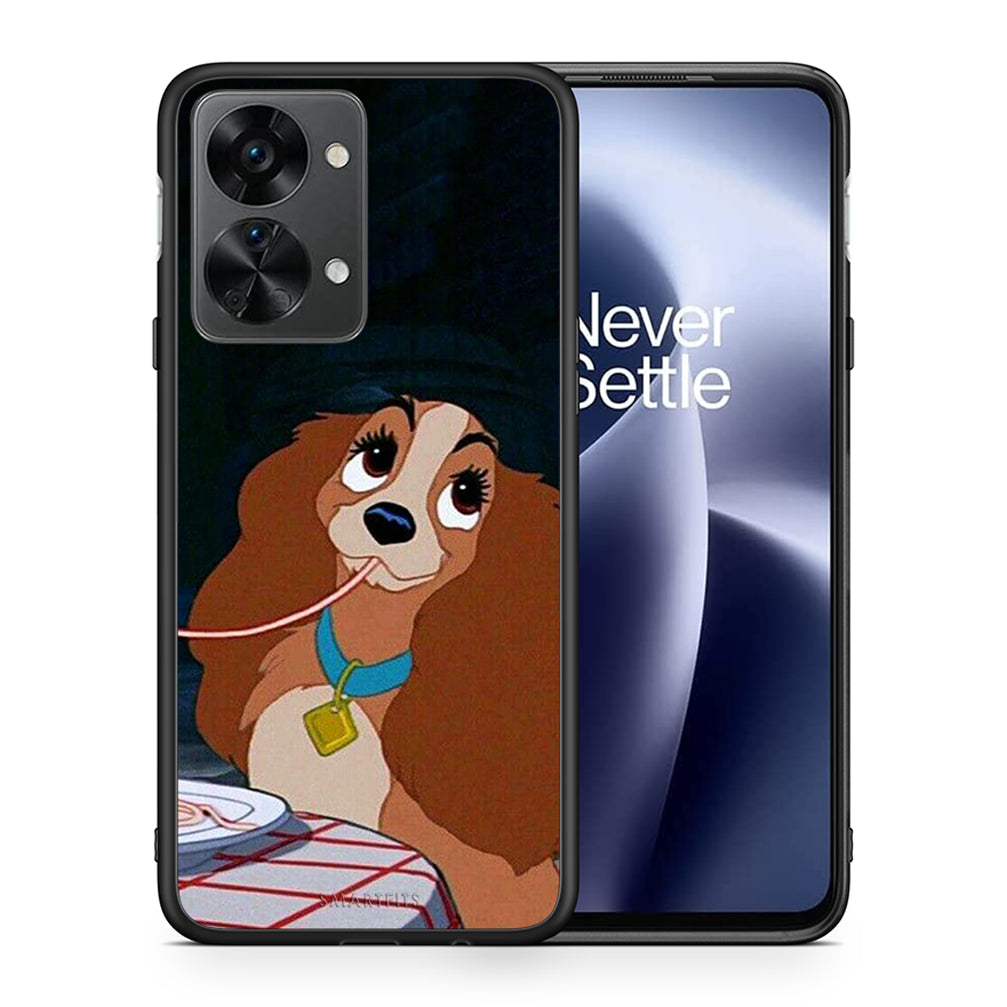 Θήκη Αγίου Βαλεντίνου OnePlus Nord 2T Lady And Tramp 2 από τη Smartfits με σχέδιο στο πίσω μέρος και μαύρο περίβλημα | OnePlus Nord 2T Lady And Tramp 2 case with colorful back and black bezels