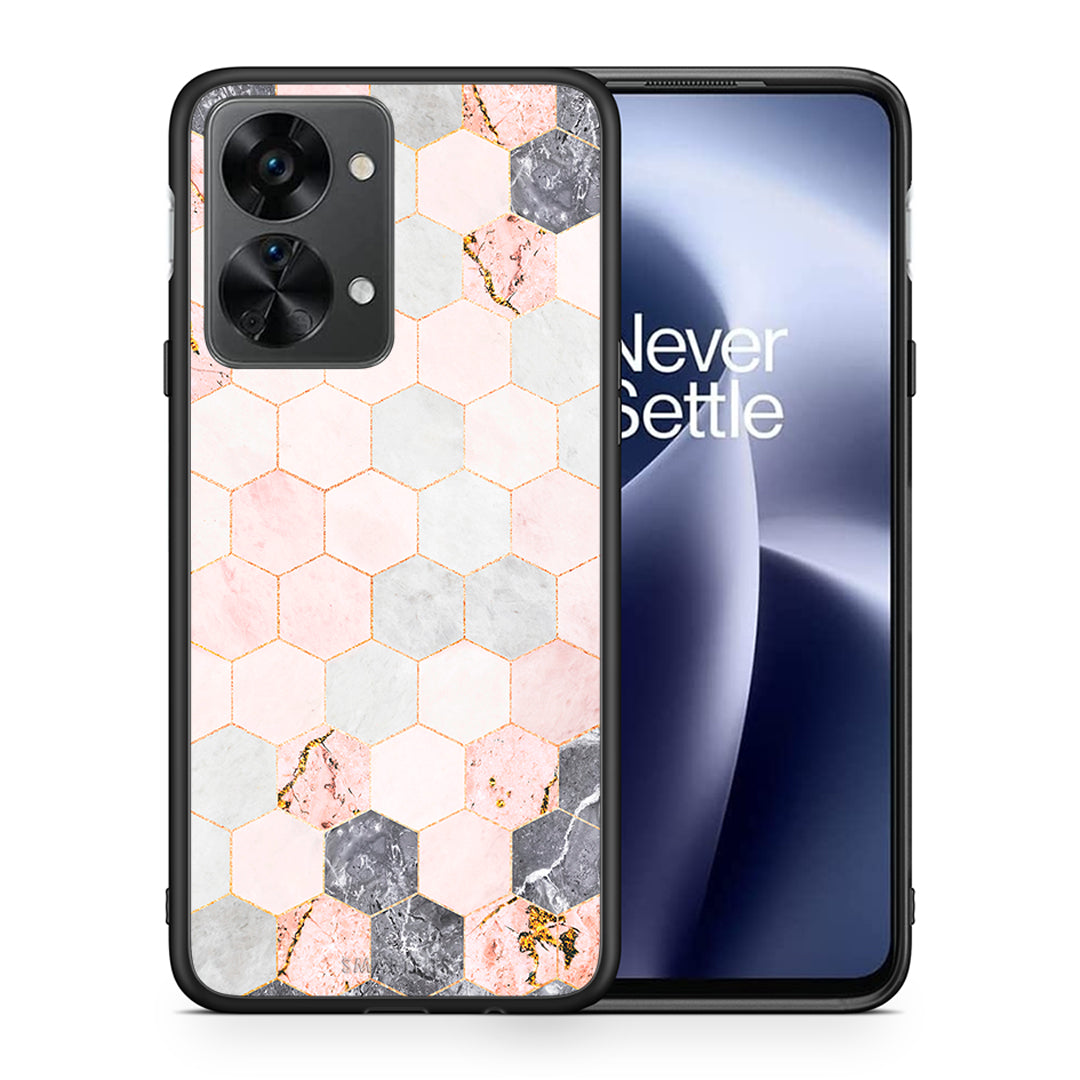 Θήκη OnePlus Nord 2T Hexagon Pink Marble από τη Smartfits με σχέδιο στο πίσω μέρος και μαύρο περίβλημα | OnePlus Nord 2T Hexagon Pink Marble case with colorful back and black bezels