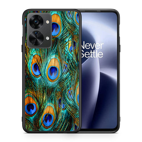 Θήκη OnePlus Nord 2T Real Peacock Feathers από τη Smartfits με σχέδιο στο πίσω μέρος και μαύρο περίβλημα | OnePlus Nord 2T Real Peacock Feathers case with colorful back and black bezels