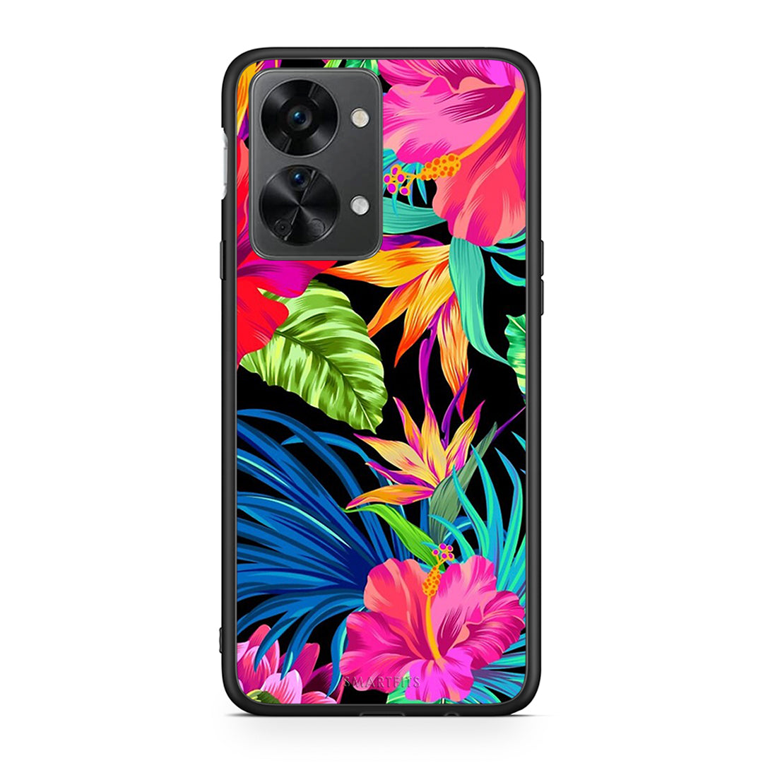 OnePlus Nord 2T Tropical Flowers θήκη από τη Smartfits με σχέδιο στο πίσω μέρος και μαύρο περίβλημα | Smartphone case with colorful back and black bezels by Smartfits