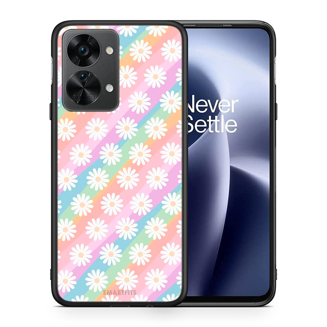 Θήκη OnePlus Nord 2T White Daisies από τη Smartfits με σχέδιο στο πίσω μέρος και μαύρο περίβλημα | OnePlus Nord 2T White Daisies case with colorful back and black bezels