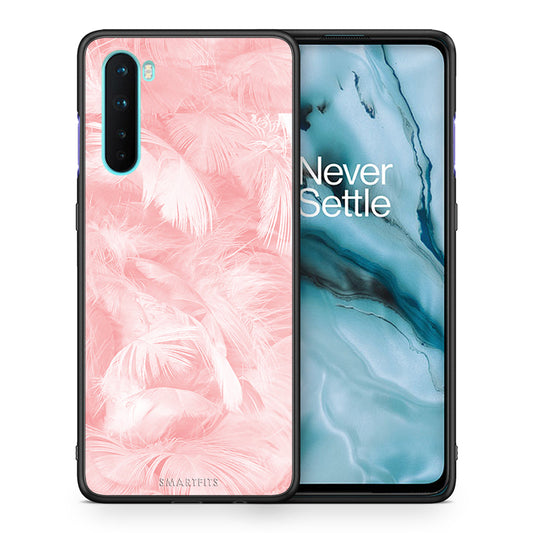 Θήκη OnePlus Nord 5G Pink Feather Boho από τη Smartfits με σχέδιο στο πίσω μέρος και μαύρο περίβλημα | OnePlus Nord 5G Pink Feather Boho case with colorful back and black bezels