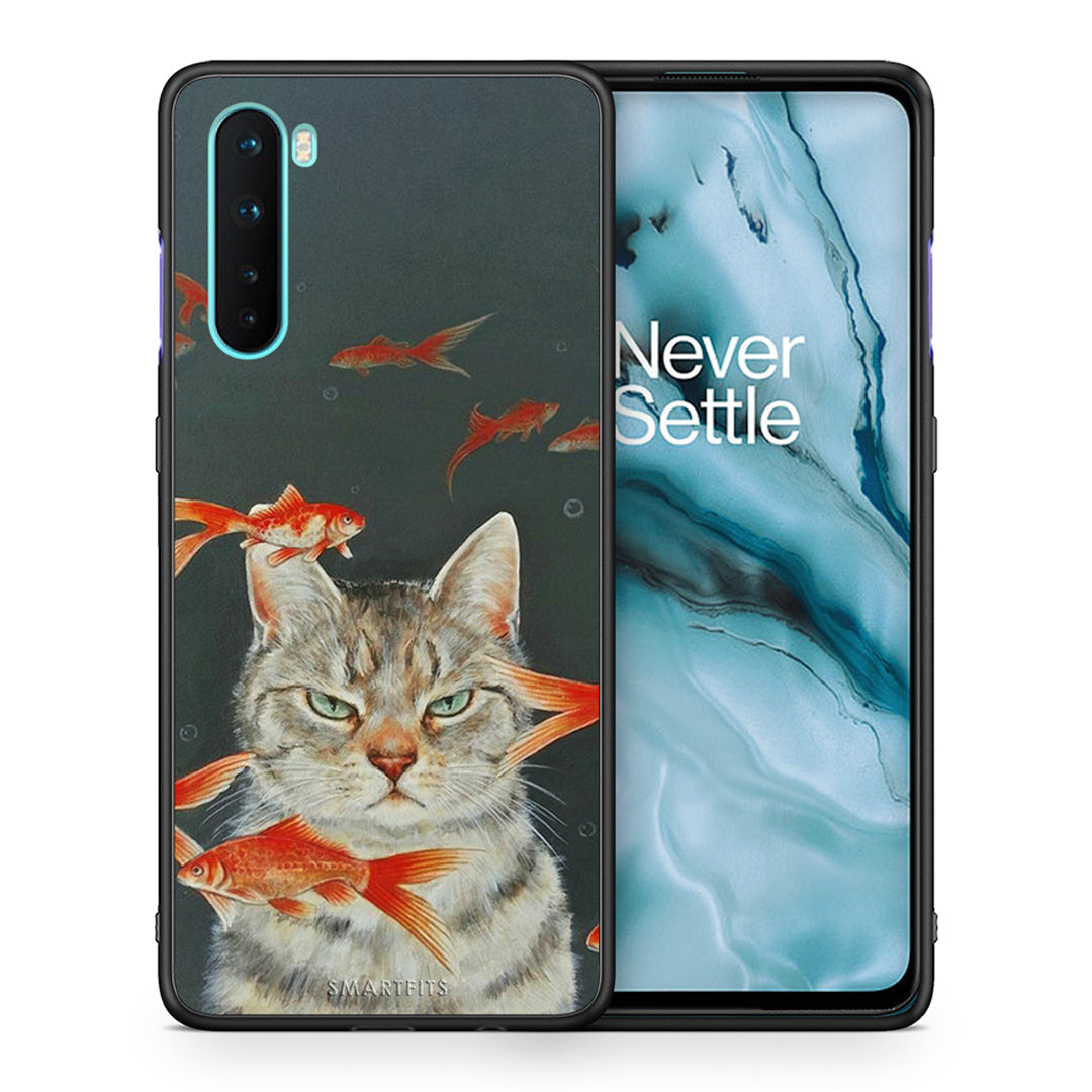 Θήκη OnePlus Nord 5G Cat Goldfish από τη Smartfits με σχέδιο στο πίσω μέρος και μαύρο περίβλημα | OnePlus Nord 5G Cat Goldfish case with colorful back and black bezels