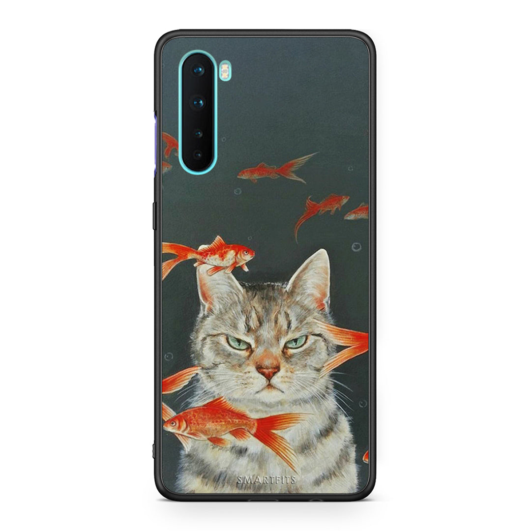 OnePlus Nord 5G Cat Goldfish θήκη από τη Smartfits με σχέδιο στο πίσω μέρος και μαύρο περίβλημα | Smartphone case with colorful back and black bezels by Smartfits