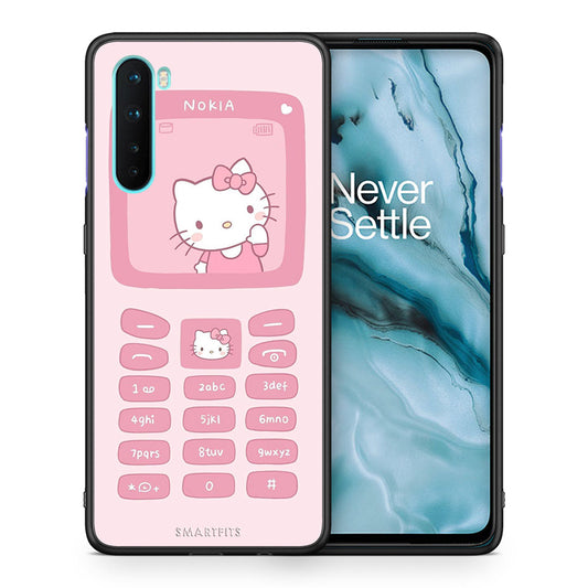 Θήκη Αγίου Βαλεντίνου OnePlus Nord 5G Hello Kitten από τη Smartfits με σχέδιο στο πίσω μέρος και μαύρο περίβλημα | OnePlus Nord 5G Hello Kitten case with colorful back and black bezels