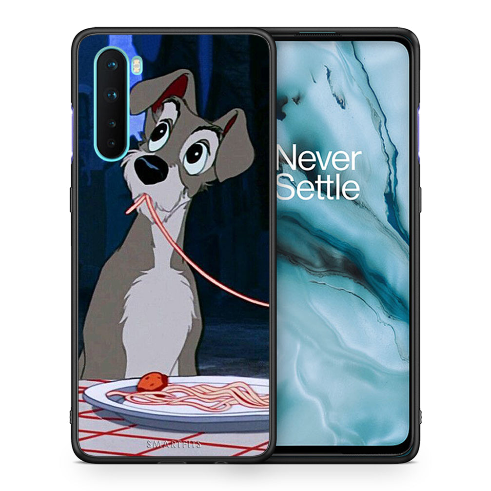 Θήκη Αγίου Βαλεντίνου OnePlus Nord 5G Lady And Tramp 1 από τη Smartfits με σχέδιο στο πίσω μέρος και μαύρο περίβλημα | OnePlus Nord 5G Lady And Tramp 1 case with colorful back and black bezels