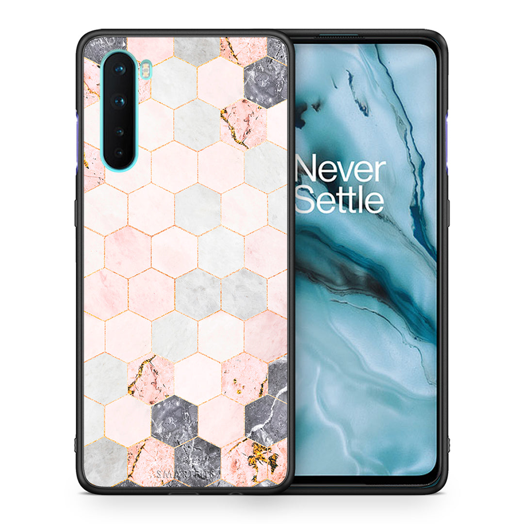 Θήκη OnePlus Nord 5G Hexagon Pink Marble από τη Smartfits με σχέδιο στο πίσω μέρος και μαύρο περίβλημα | OnePlus Nord 5G Hexagon Pink Marble case with colorful back and black bezels