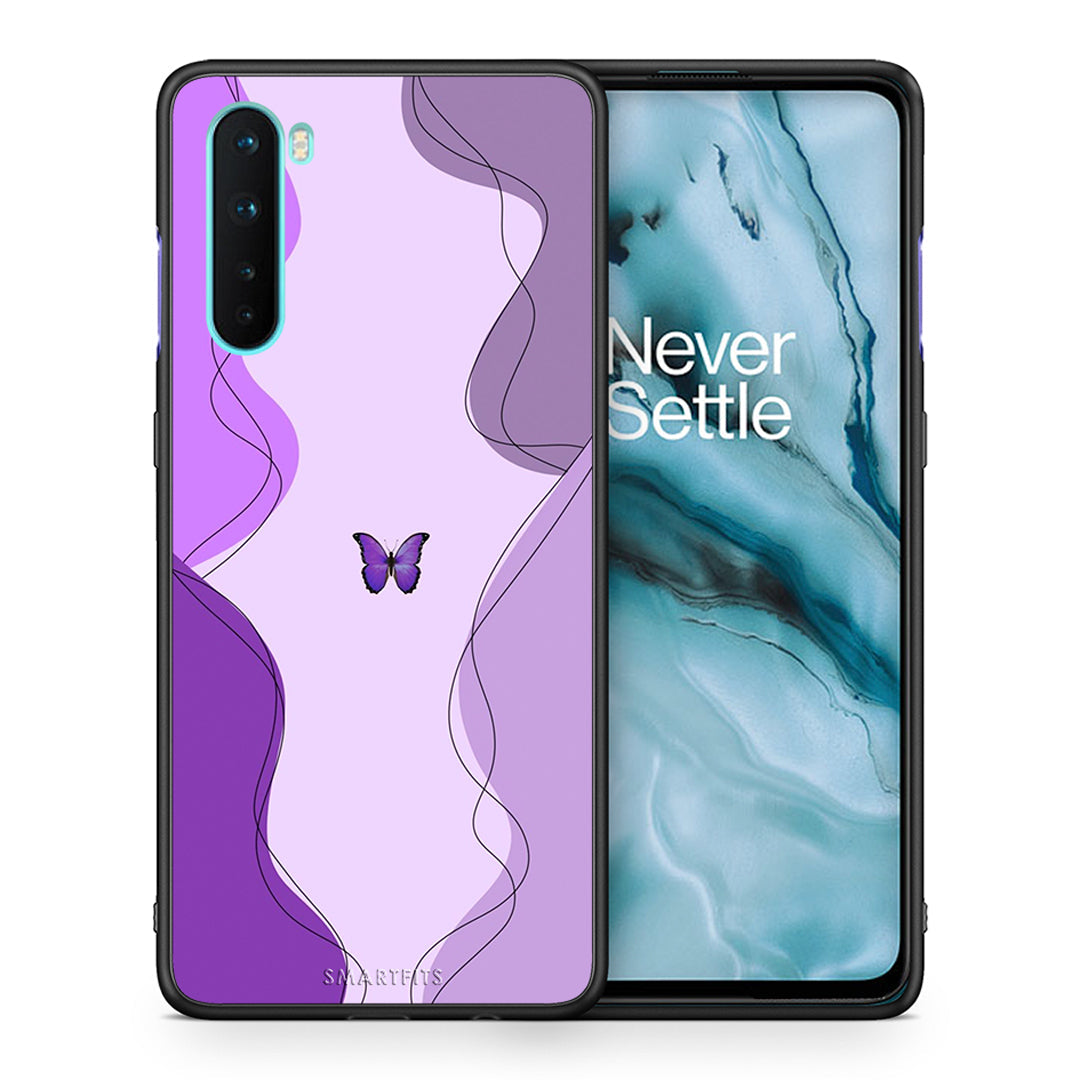Θήκη Αγίου Βαλεντίνου OnePlus Nord 5G Purple Mariposa από τη Smartfits με σχέδιο στο πίσω μέρος και μαύρο περίβλημα | OnePlus Nord 5G Purple Mariposa case with colorful back and black bezels