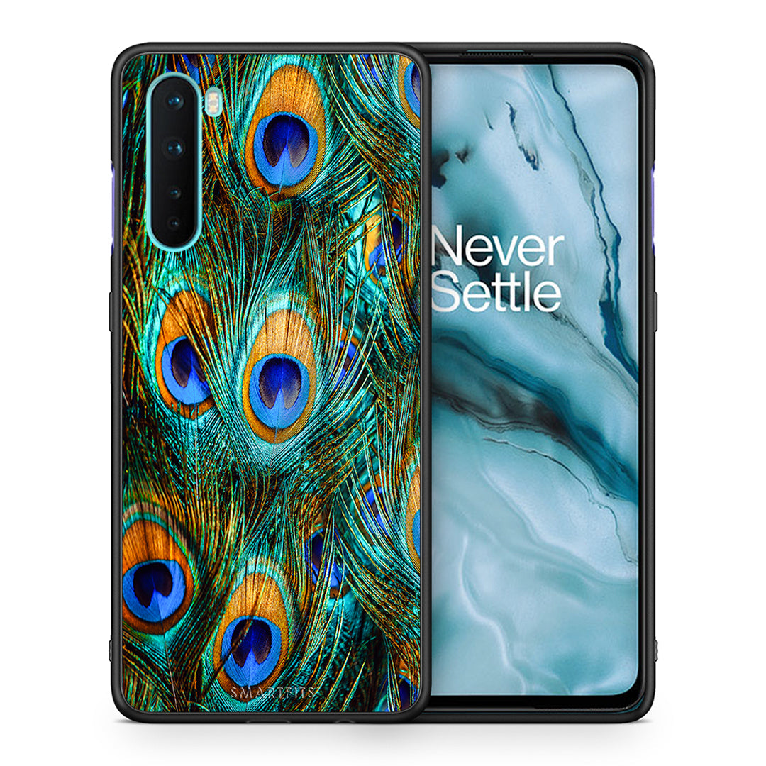 Θήκη OnePlus Nord 5G Real Peacock Feathers από τη Smartfits με σχέδιο στο πίσω μέρος και μαύρο περίβλημα | OnePlus Nord 5G Real Peacock Feathers case with colorful back and black bezels