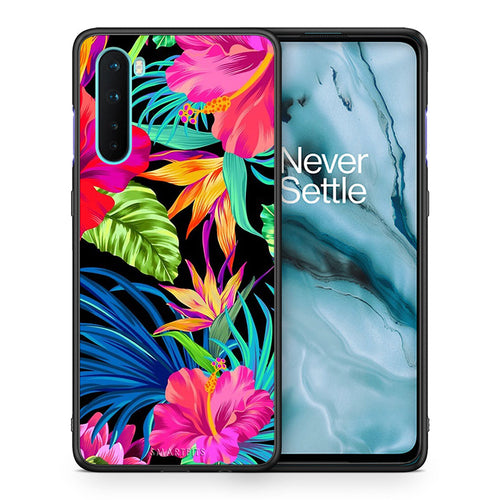 Θήκη OnePlus Nord 5G Tropical Flowers από τη Smartfits με σχέδιο στο πίσω μέρος και μαύρο περίβλημα | OnePlus Nord 5G Tropical Flowers case with colorful back and black bezels