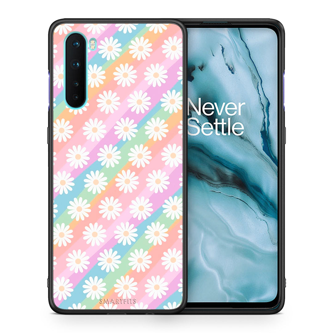 Θήκη OnePlus Nord 5G White Daisies από τη Smartfits με σχέδιο στο πίσω μέρος και μαύρο περίβλημα | OnePlus Nord 5G White Daisies case with colorful back and black bezels