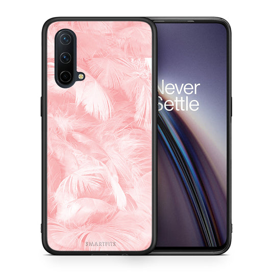Θήκη OnePlus Nord CE 5G Pink Feather Boho από τη Smartfits με σχέδιο στο πίσω μέρος και μαύρο περίβλημα | OnePlus Nord CE 5G Pink Feather Boho case with colorful back and black bezels