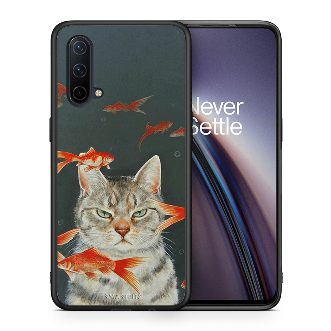 Θήκη OnePlus Nord CE 5G Cat Goldfish από τη Smartfits με σχέδιο στο πίσω μέρος και μαύρο περίβλημα | OnePlus Nord CE 5G Cat Goldfish case with colorful back and black bezels