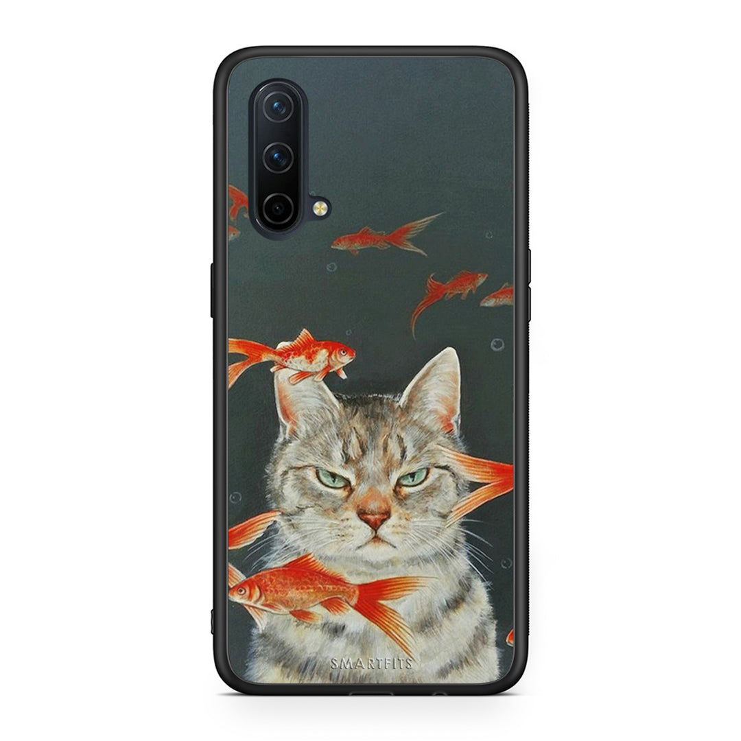 OnePlus Nord CE 5G Cat Goldfish θήκη από τη Smartfits με σχέδιο στο πίσω μέρος και μαύρο περίβλημα | Smartphone case with colorful back and black bezels by Smartfits