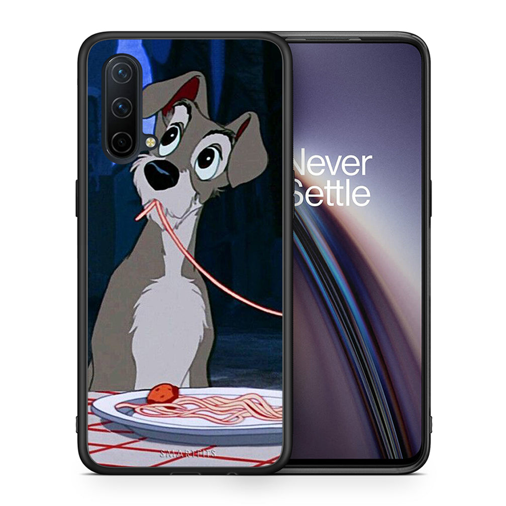 Θήκη Αγίου Βαλεντίνου OnePlus Nord CE 5G Lady And Tramp 1 από τη Smartfits με σχέδιο στο πίσω μέρος και μαύρο περίβλημα | OnePlus Nord CE 5G Lady And Tramp 1 case with colorful back and black bezels