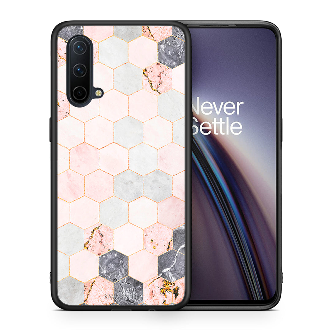 Θήκη OnePlus Nord CE 5G Hexagon Pink Marble από τη Smartfits με σχέδιο στο πίσω μέρος και μαύρο περίβλημα | OnePlus Nord CE 5G Hexagon Pink Marble case with colorful back and black bezels