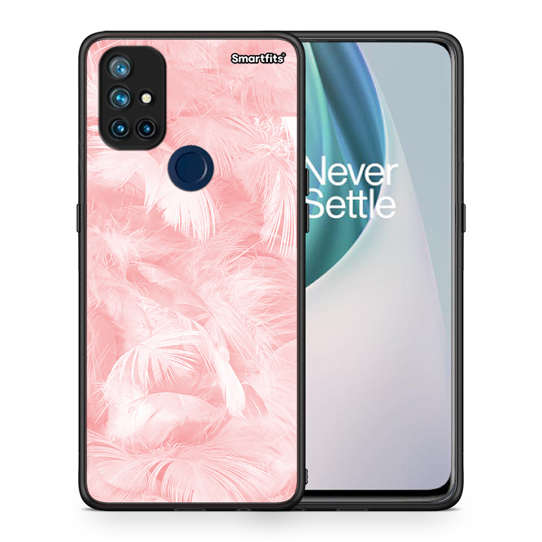 Θήκη OnePlus Nord N10 5G Pink Feather Boho από τη Smartfits με σχέδιο στο πίσω μέρος και μαύρο περίβλημα | OnePlus Nord N10 5G Pink Feather Boho case with colorful back and black bezels