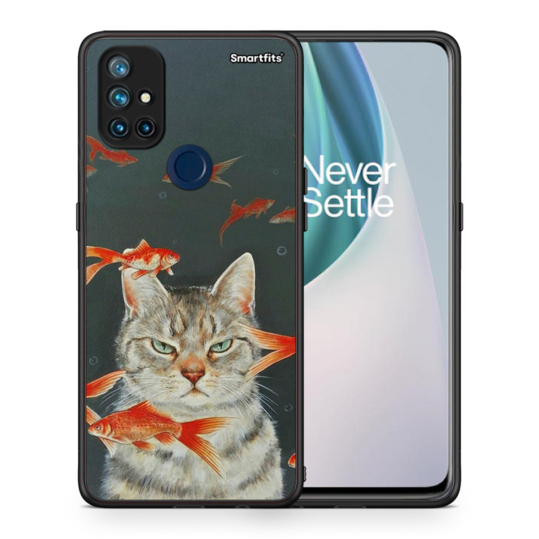 Θήκη OnePlus Nord N10 5G Cat Goldfish από τη Smartfits με σχέδιο στο πίσω μέρος και μαύρο περίβλημα | OnePlus Nord N10 5G Cat Goldfish case with colorful back and black bezels