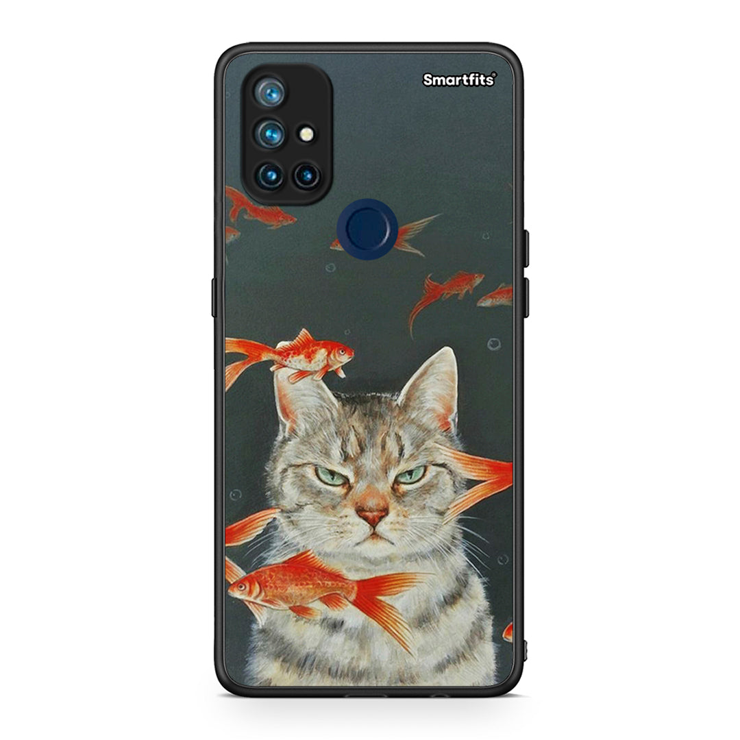 OnePlus Nord N10 5G Cat Goldfish θήκη από τη Smartfits με σχέδιο στο πίσω μέρος και μαύρο περίβλημα | Smartphone case with colorful back and black bezels by Smartfits