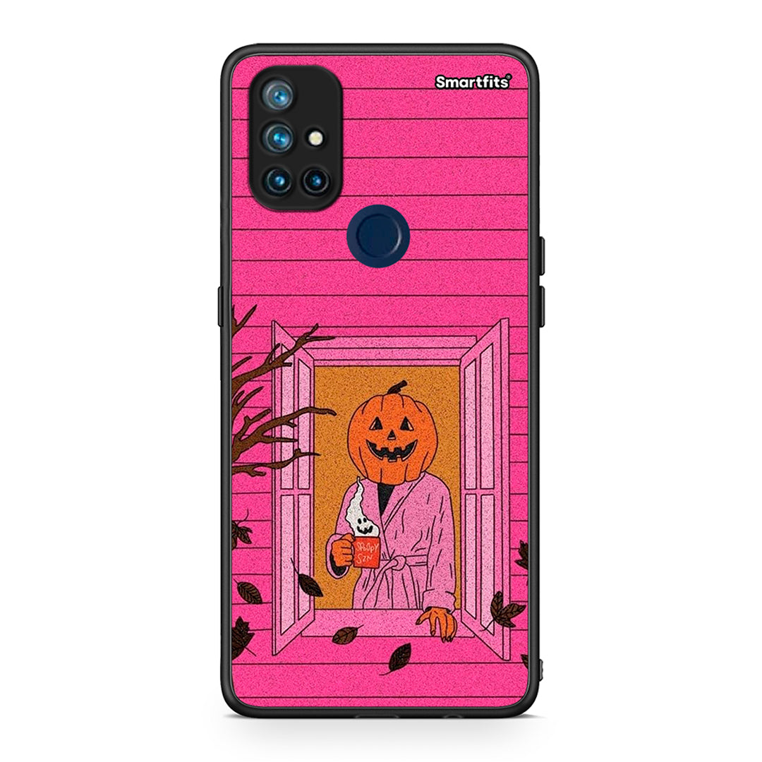 OnePlus Nord N10 5G Halloween Pumpkin Lady Θήκη από τη Smartfits με σχέδιο στο πίσω μέρος και μαύρο περίβλημα | Smartphone case with colorful back and black bezels by Smartfits