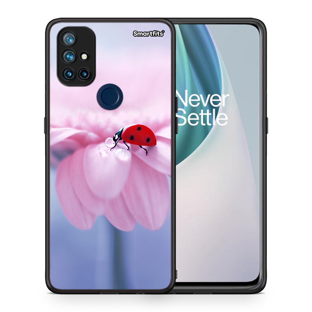 Θήκη OnePlus Nord N10 5G Ladybug Flower από τη Smartfits με σχέδιο στο πίσω μέρος και μαύρο περίβλημα | OnePlus Nord N10 5G Ladybug Flower case with colorful back and black bezels