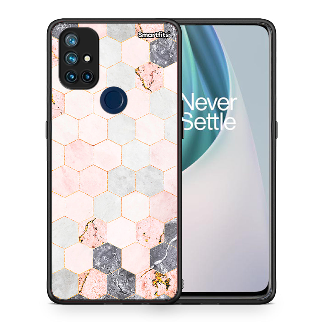 Θήκη OnePlus Nord N10 5G Hexagon Pink Marble από τη Smartfits με σχέδιο στο πίσω μέρος και μαύρο περίβλημα | OnePlus Nord N10 5G Hexagon Pink Marble case with colorful back and black bezels