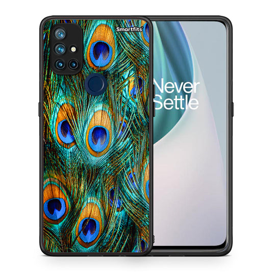 Θήκη OnePlus Nord N10 5G Real Peacock Feathers από τη Smartfits με σχέδιο στο πίσω μέρος και μαύρο περίβλημα | OnePlus Nord N10 5G Real Peacock Feathers case with colorful back and black bezels