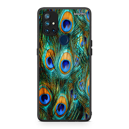 OnePlus Nord N10 5G Real Peacock Feathers θήκη από τη Smartfits με σχέδιο στο πίσω μέρος και μαύρο περίβλημα | Smartphone case with colorful back and black bezels by Smartfits