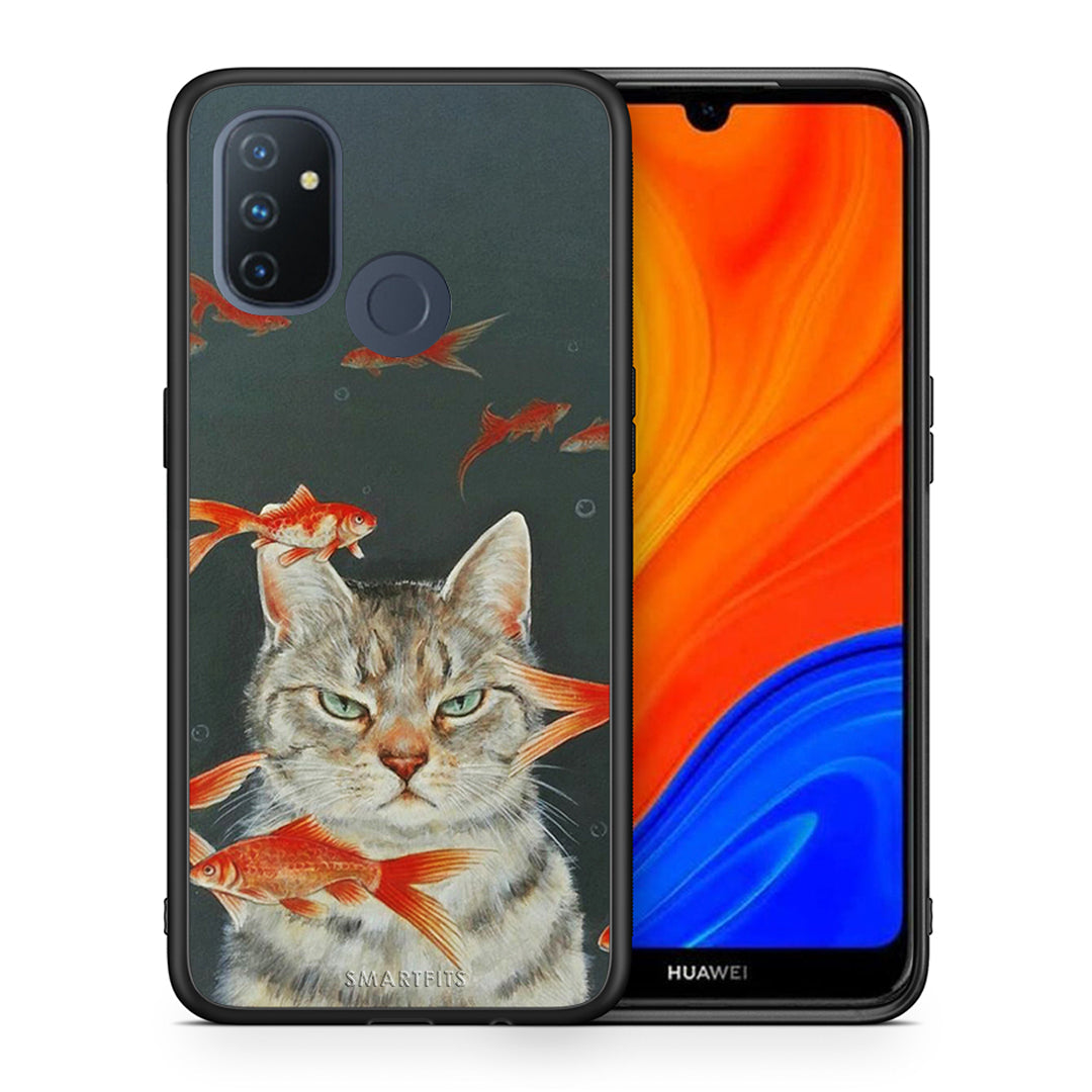 Θήκη OnePlus Nord N100 Cat Goldfish από τη Smartfits με σχέδιο στο πίσω μέρος και μαύρο περίβλημα | OnePlus Nord N100 Cat Goldfish case with colorful back and black bezels