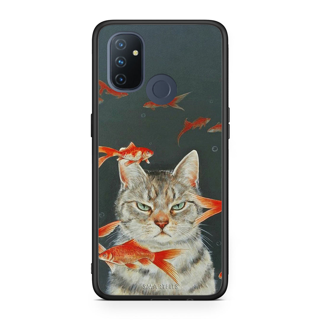 OnePlus Nord N100 Cat Goldfish θήκη από τη Smartfits με σχέδιο στο πίσω μέρος και μαύρο περίβλημα | Smartphone case with colorful back and black bezels by Smartfits