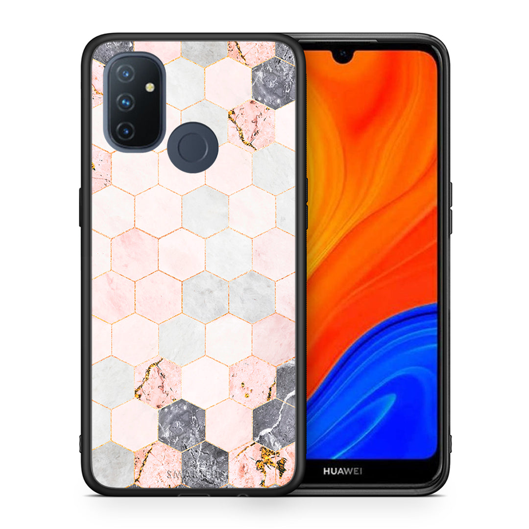 Θήκη OnePlus Nord N100 Hexagon Pink Marble από τη Smartfits με σχέδιο στο πίσω μέρος και μαύρο περίβλημα | OnePlus Nord N100 Hexagon Pink Marble case with colorful back and black bezels