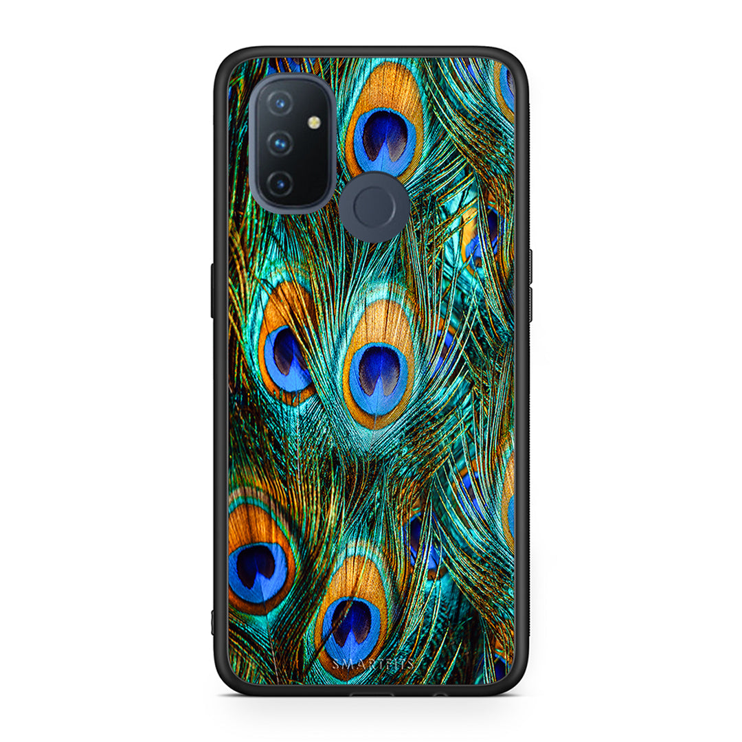 OnePlus Nord N100 Real Peacock Feathers θήκη από τη Smartfits με σχέδιο στο πίσω μέρος και μαύρο περίβλημα | Smartphone case with colorful back and black bezels by Smartfits