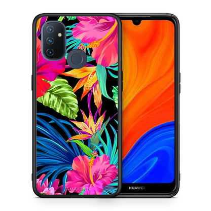 Θήκη OnePlus Nord N100 Tropical Flowers από τη Smartfits με σχέδιο στο πίσω μέρος και μαύρο περίβλημα | OnePlus Nord N100 Tropical Flowers case with colorful back and black bezels