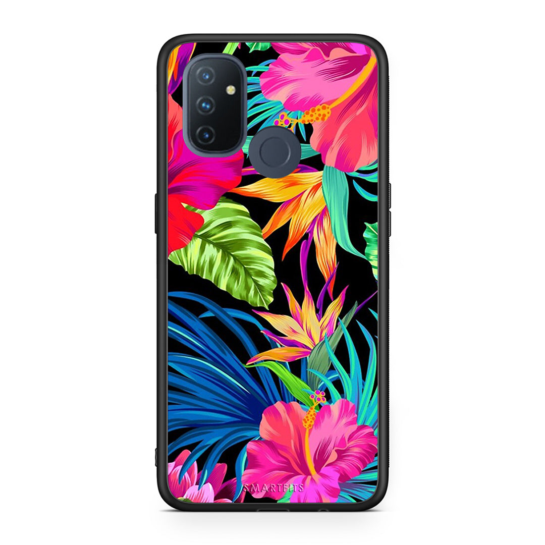 OnePlus Nord N100 Tropical Flowers θήκη από τη Smartfits με σχέδιο στο πίσω μέρος και μαύρο περίβλημα | Smartphone case with colorful back and black bezels by Smartfits