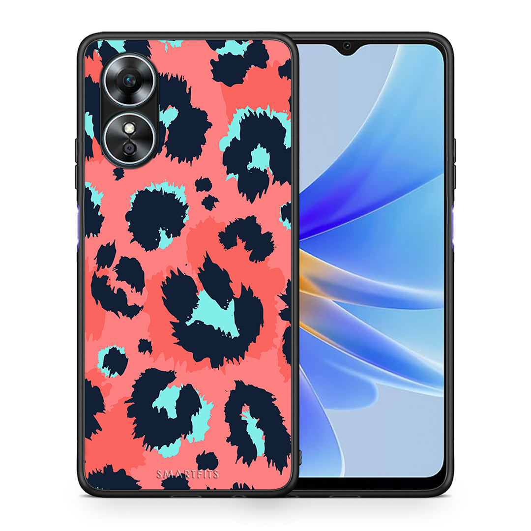 Θήκη Oppo A17 Animal Pink Leopard από τη Smartfits με σχέδιο στο πίσω μέρος και μαύρο περίβλημα | Oppo A17 Animal Pink Leopard Case with Colorful Back and Black Bezels