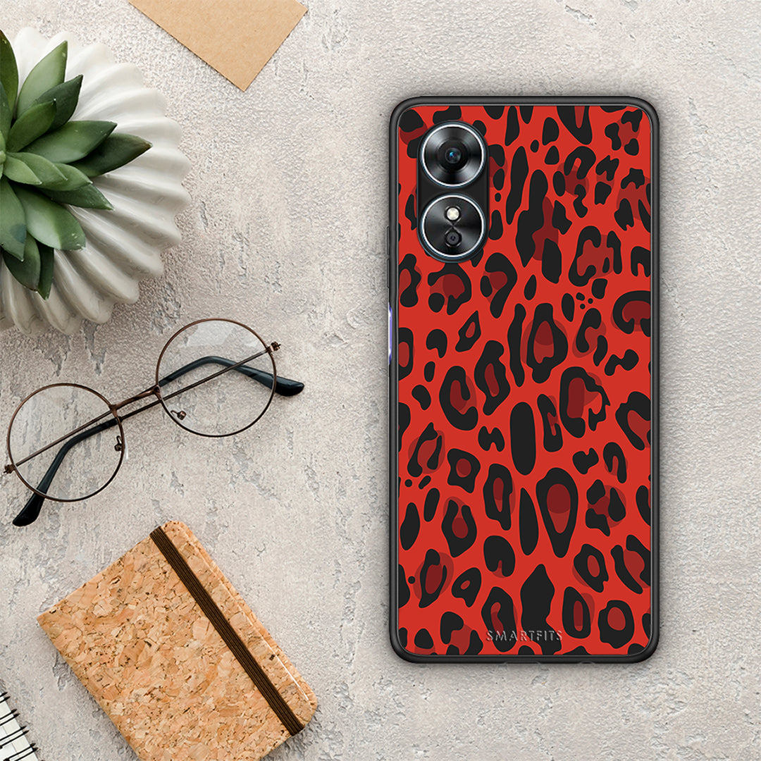 Θήκη Oppo A17 Animal Red Leopard από τη Smartfits με σχέδιο στο πίσω μέρος και μαύρο περίβλημα | Oppo A17 Animal Red Leopard Case with Colorful Back and Black Bezels