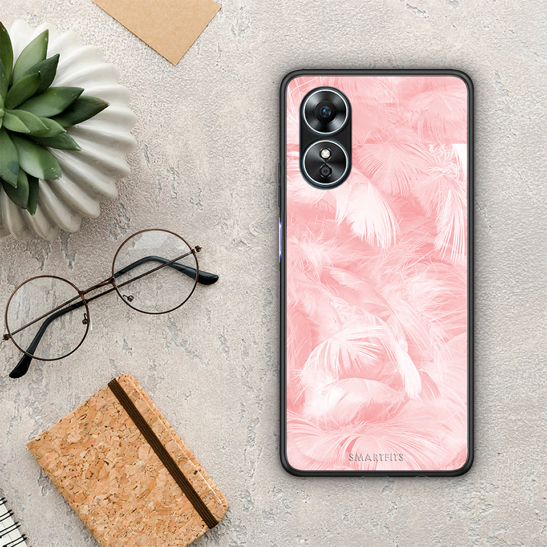 Θήκη Oppo A17 Boho Pink Feather από τη Smartfits με σχέδιο στο πίσω μέρος και μαύρο περίβλημα | Oppo A17 Boho Pink Feather Case with Colorful Back and Black Bezels