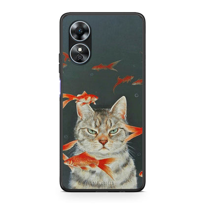Θήκη Oppo A17 Cat Goldfish από τη Smartfits με σχέδιο στο πίσω μέρος και μαύρο περίβλημα | Oppo A17 Cat Goldfish Case with Colorful Back and Black Bezels