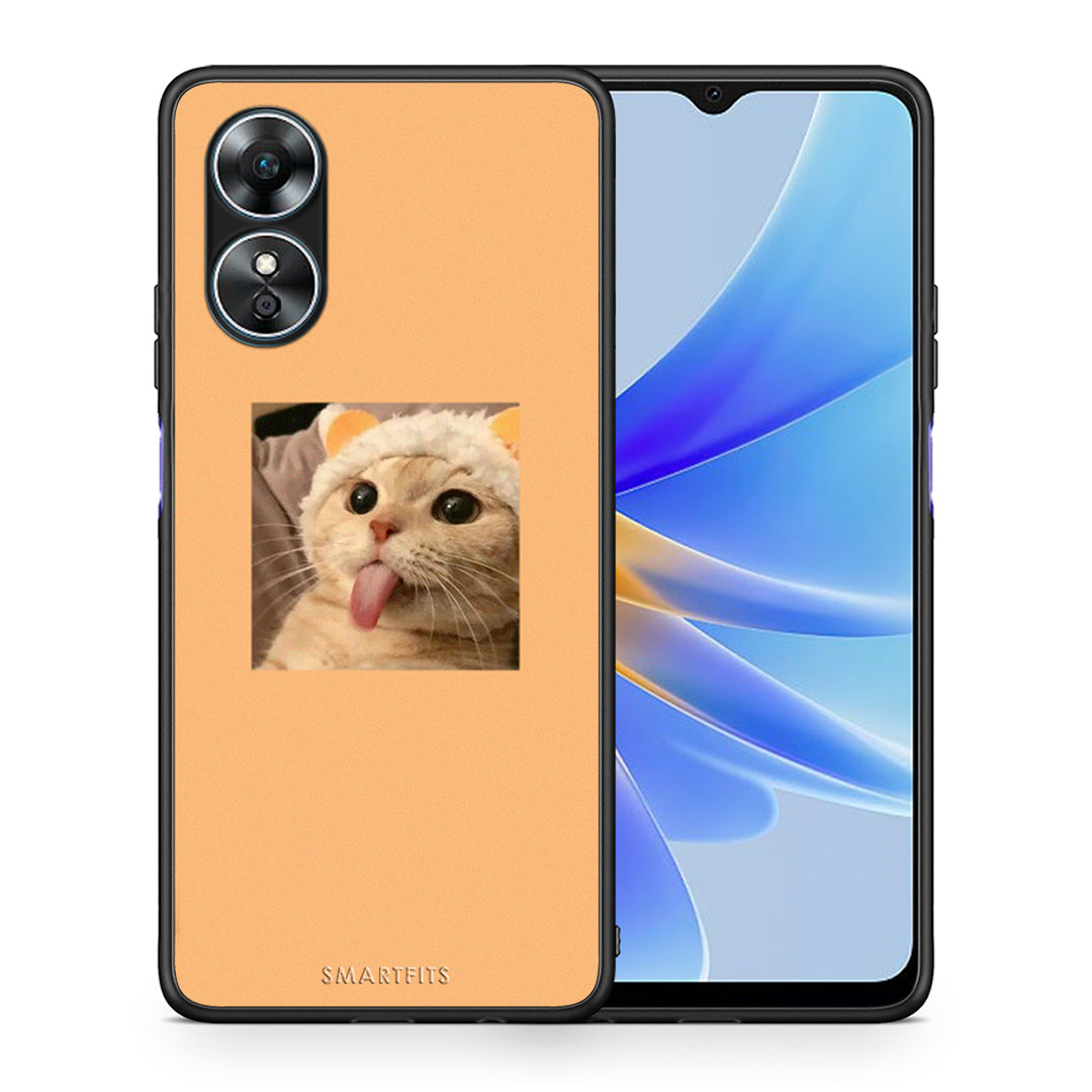 Θήκη Oppo A17 Cat Tongue από τη Smartfits με σχέδιο στο πίσω μέρος και μαύρο περίβλημα | Oppo A17 Cat Tongue Case with Colorful Back and Black Bezels